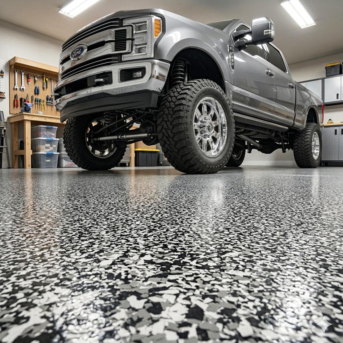 Silver Ford truck on an epoxy garage floor with a patterned finish