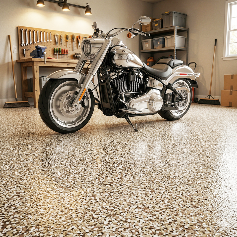 Motorcycle in a garage epoxy floor with tools and equipment on shelves